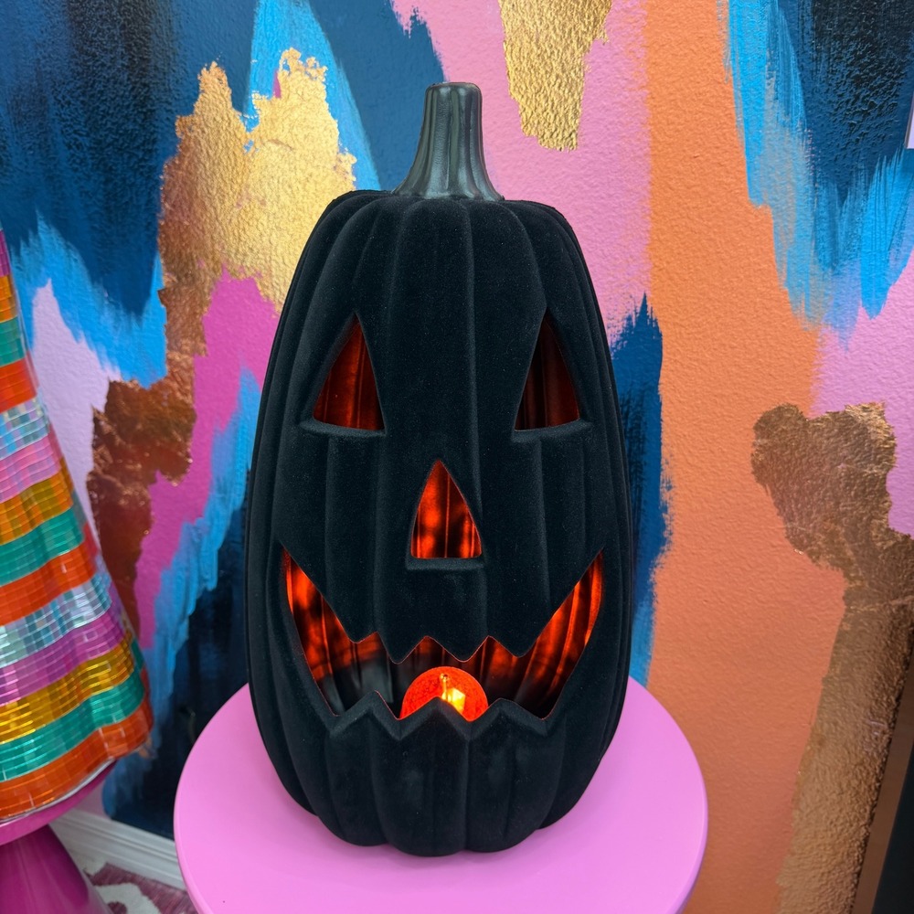 Way to Celebrate 22in Black Flocked LED Blow Mold Pumpkin Halloween Decor NEW